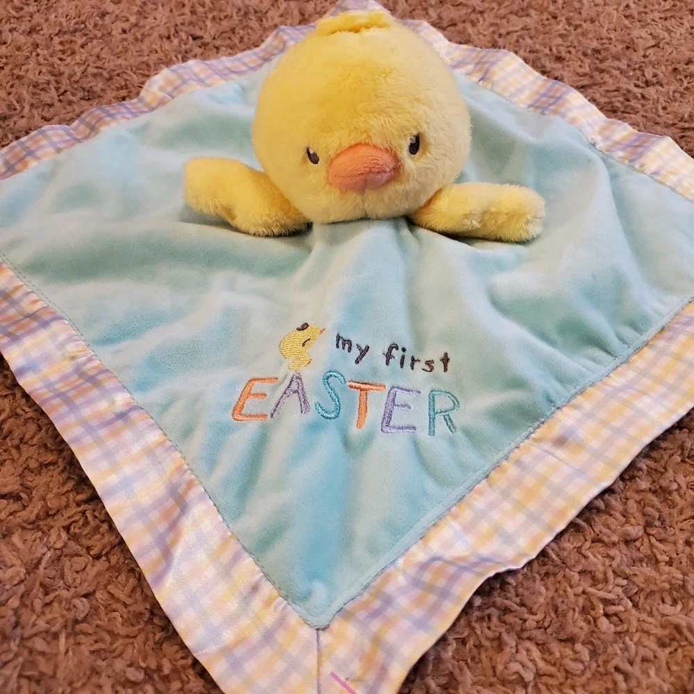 My First Easter Chick Duck Rattle Security Blanket Buddy Lovey Plaid Satin Back‎